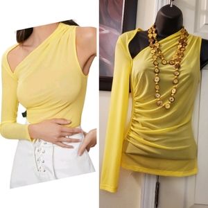 New Canary Yellow One Sleeve Sheer Mesh Top